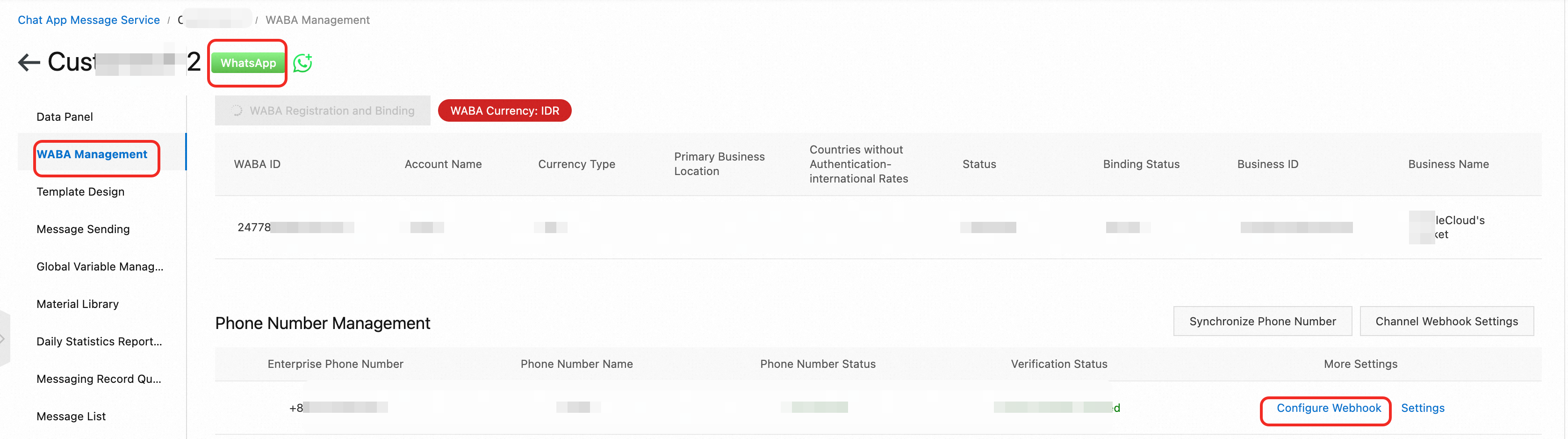 WABA Management menu