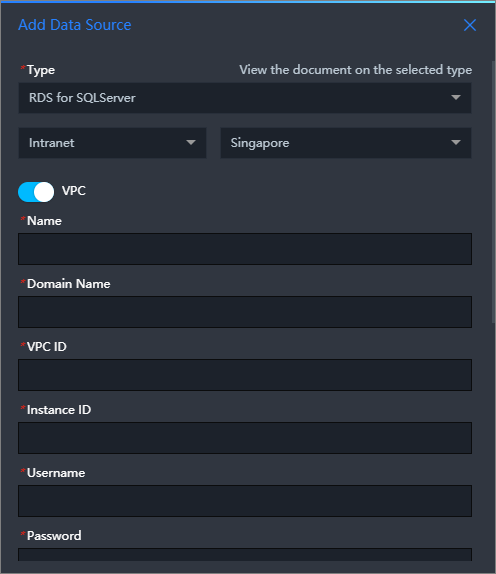 Tambahkan Sumber Data ApsaraDB RDS untuk SQL Server melalui VPC (jaringan internal)