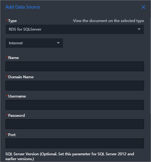 Tambahkan Sumber Data ApsaraDB RDS untuk SQL Server (Internet)
