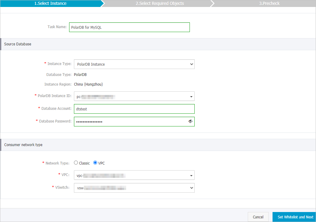 Configure the source database and network type