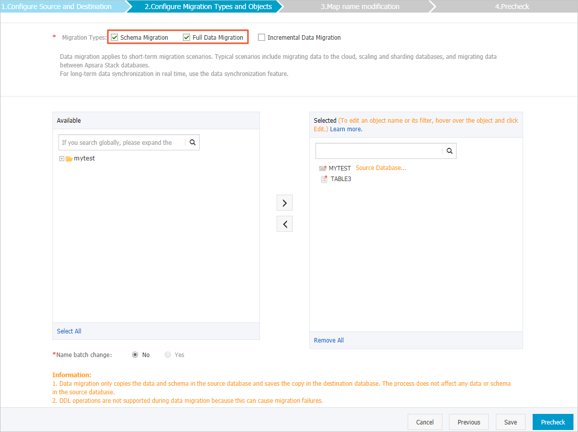 Select the migration types and the objects to be migrated