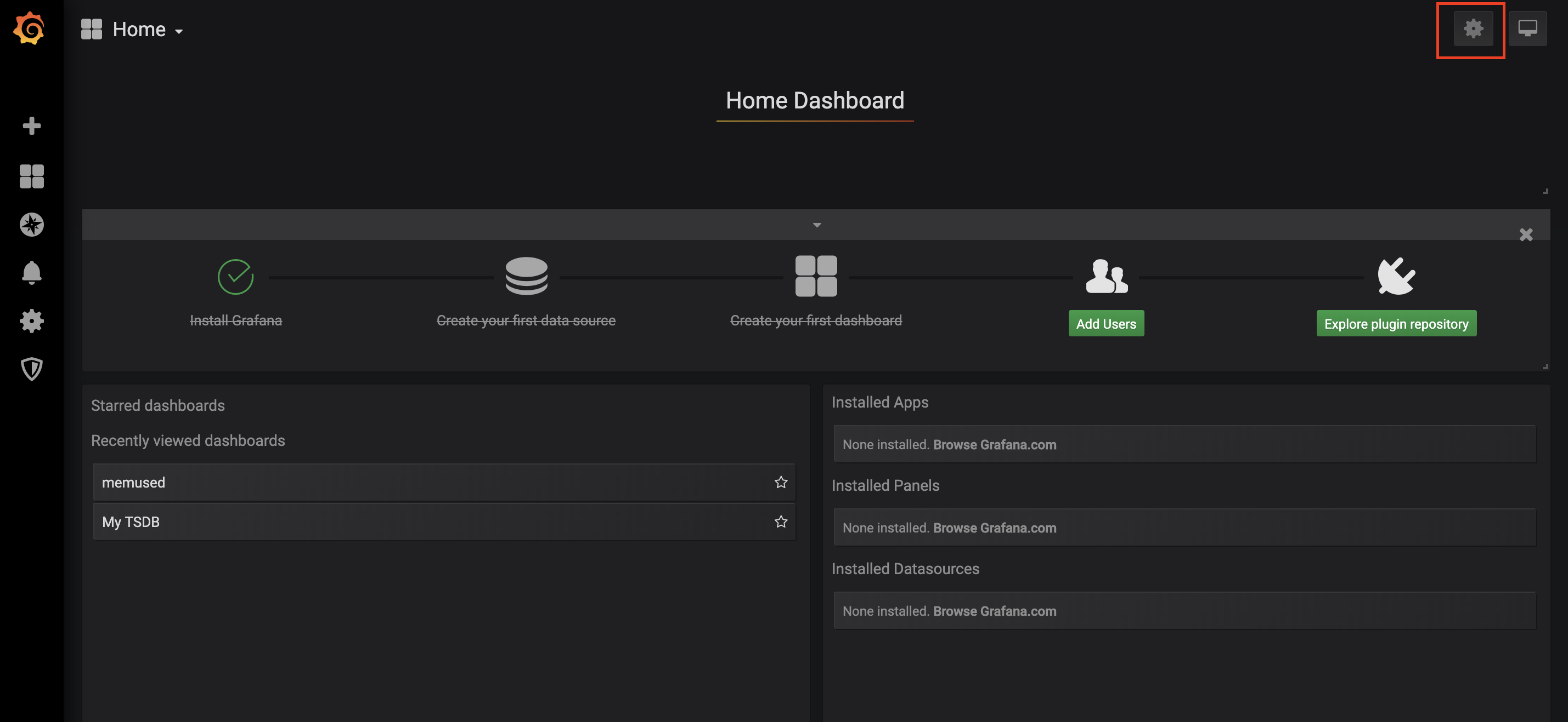 The Settings icon on the dashboard