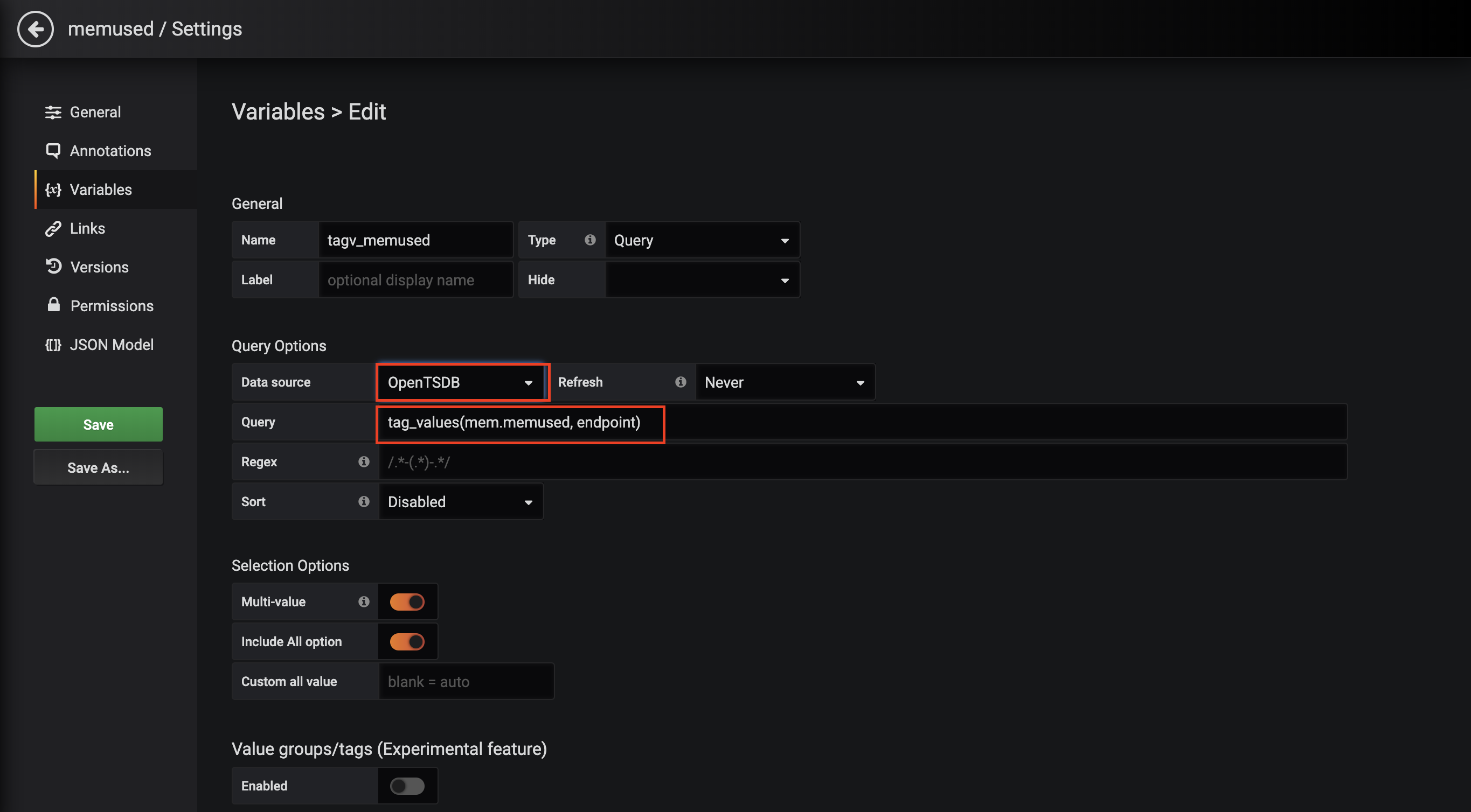 Settings of variables