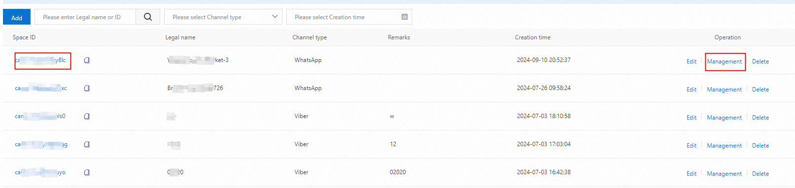 Channel Management page