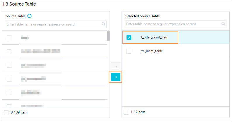 Remove the selected source tables