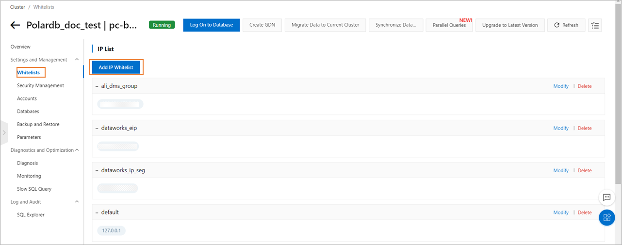 Whitelist of the PolarDB cluster