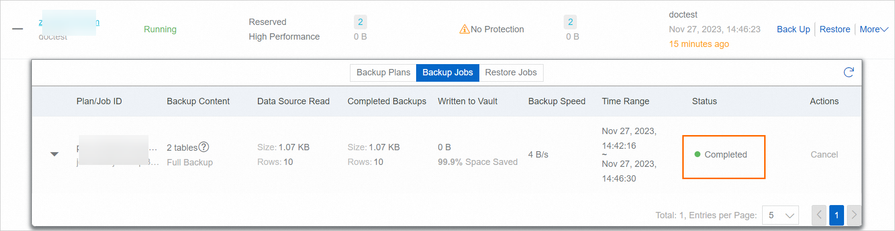 The status of a backup job is displayed as Completed.