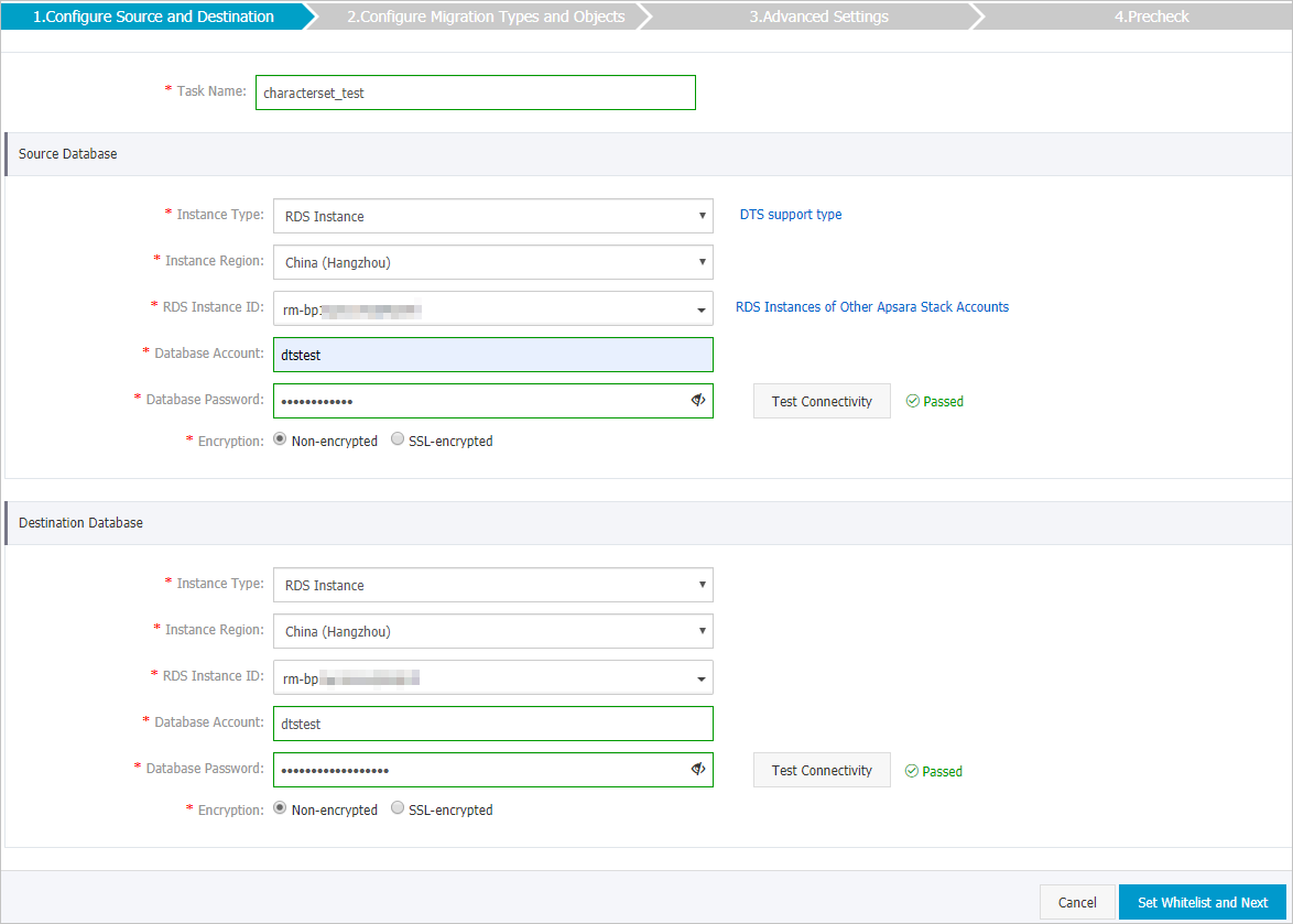 Configure the source and destination databases