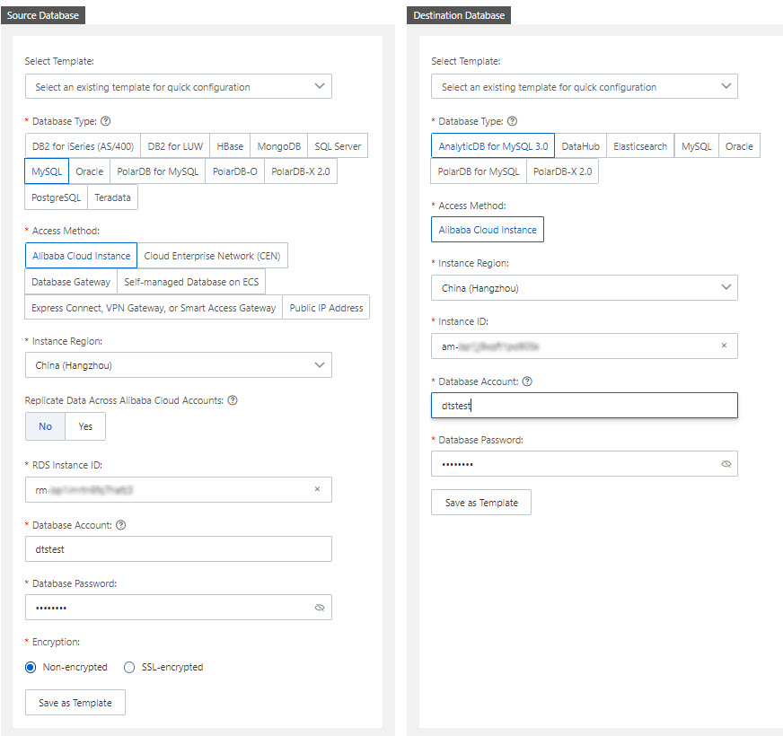 Configure the source and destination databases