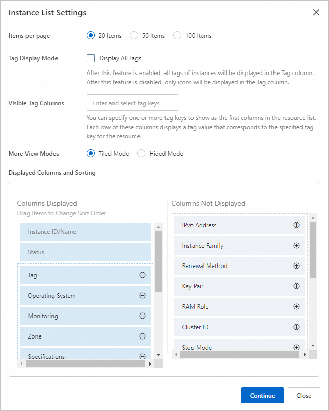 选择显示的实例信息