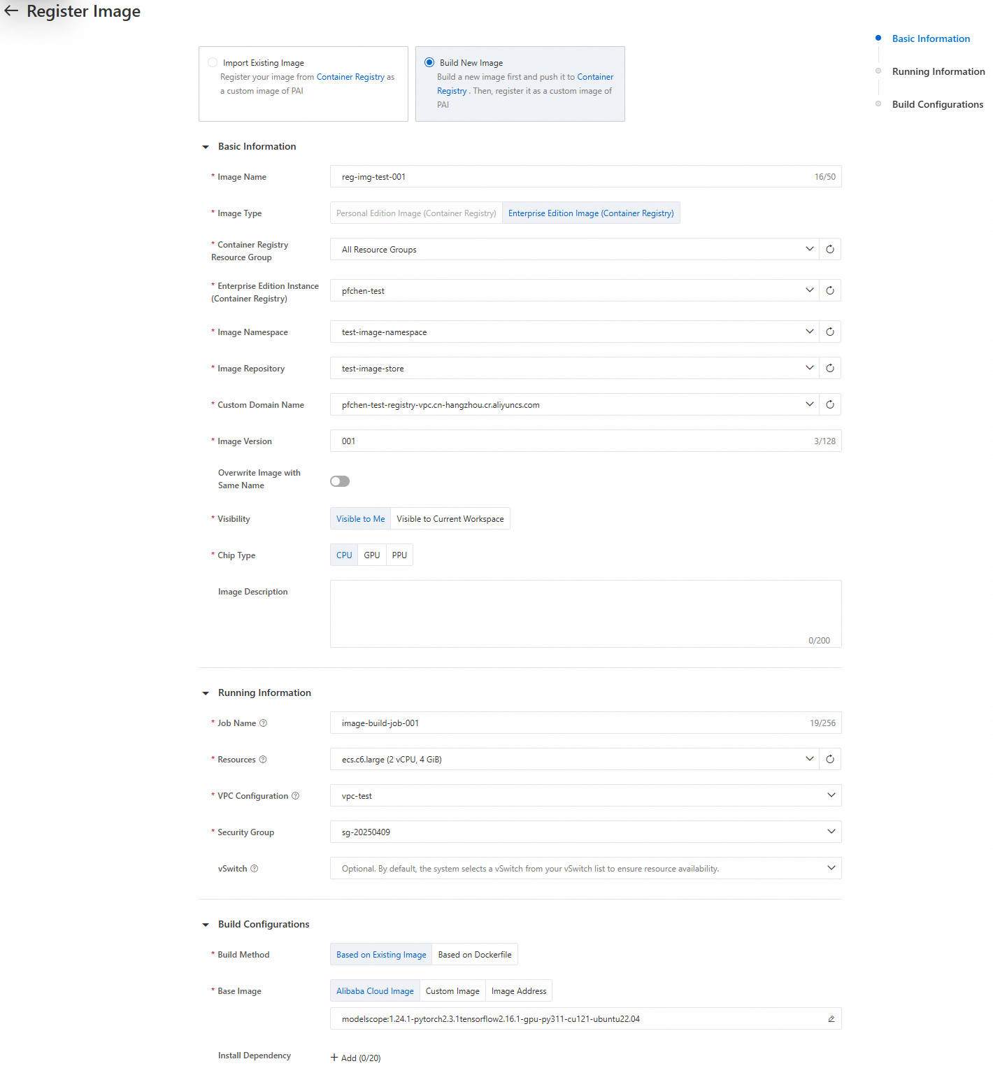 Register Image dialog - Build New Image