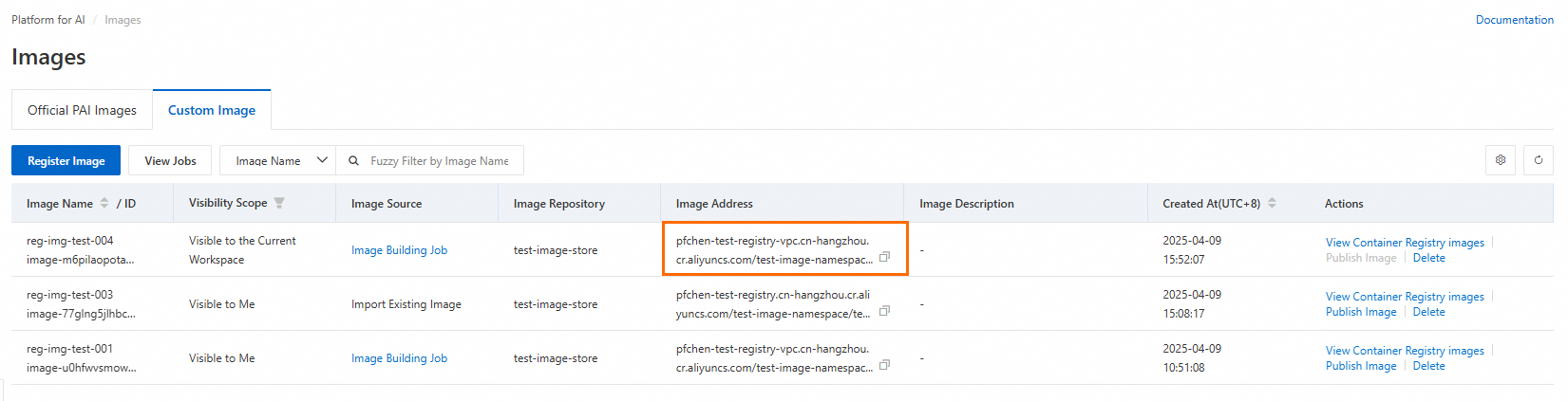 Custom Image tab showing registered images