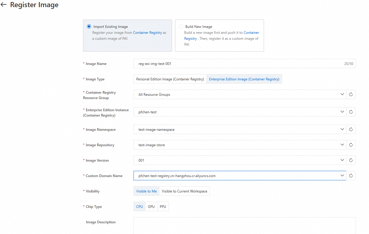 Register Image dialog - Import Existing Image