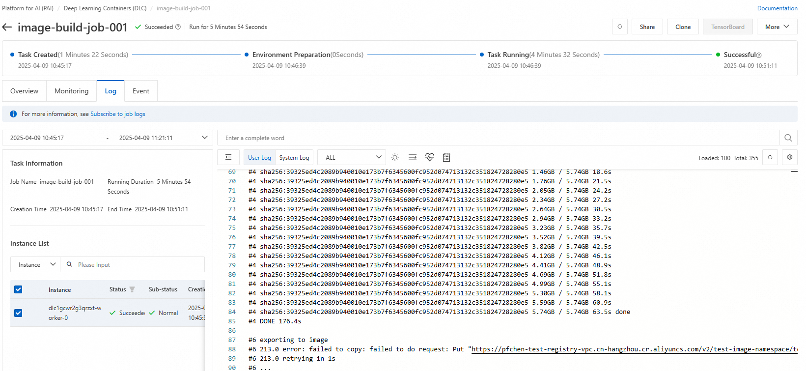 Job details page with View Log and View Monitoring