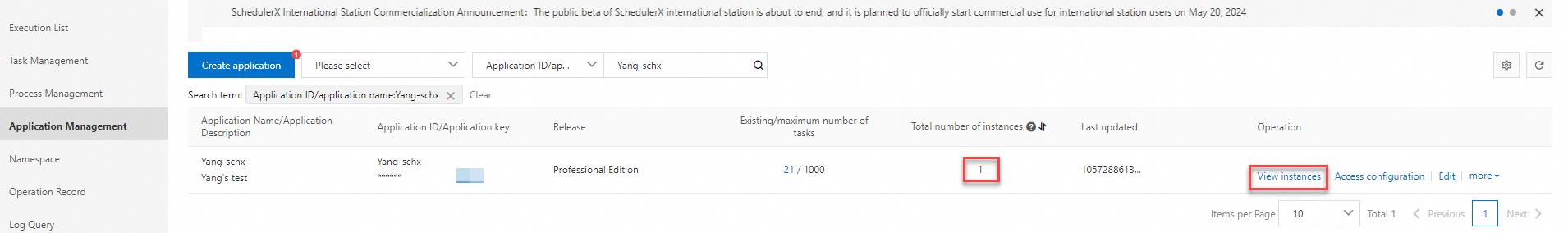 Application Management page showing connected instances