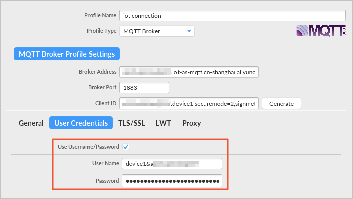 Configure the parameters of MQTT.fx on the User Credentials tab