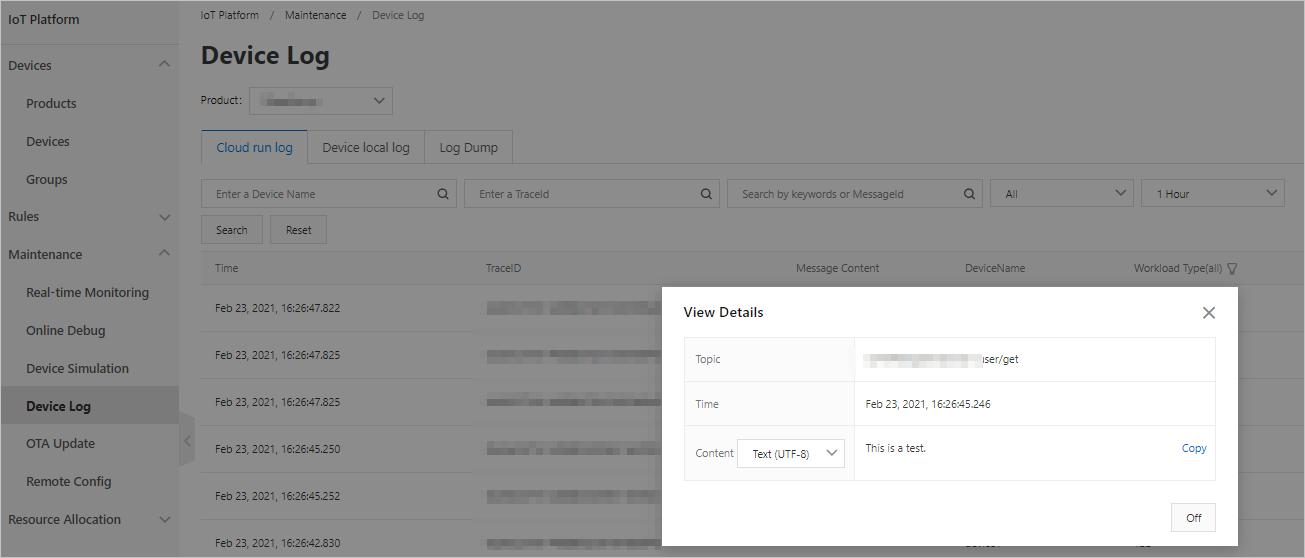 View the message that MQTT.fx publishes to IoT Platform