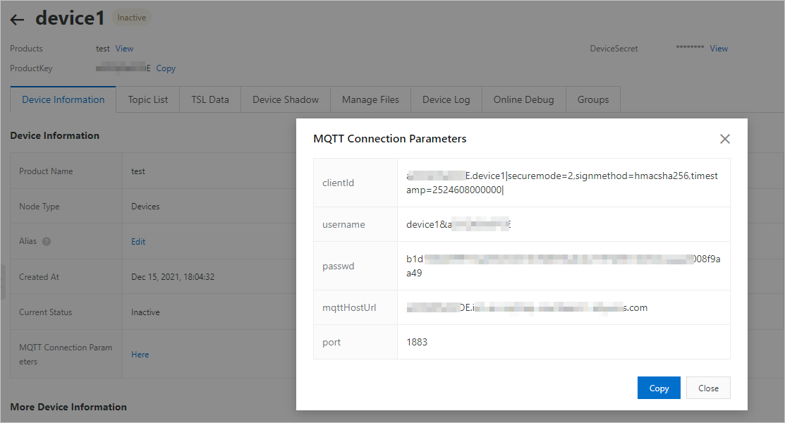 MQTT connection parameters