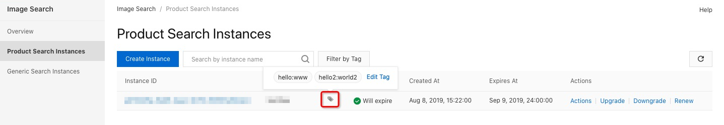 Instance tags - tag management icon