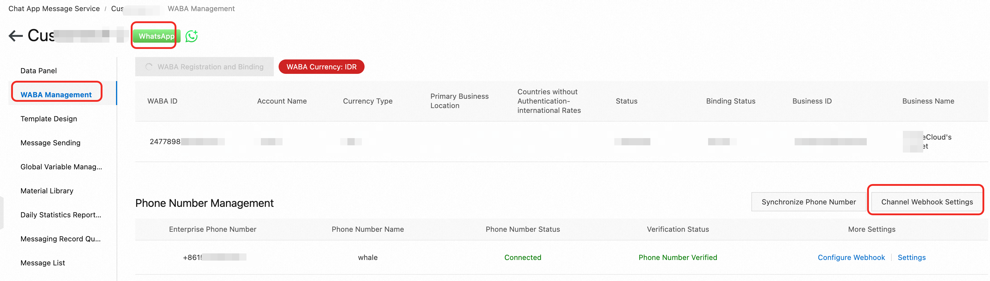 WABA Management menu for Webhook settings