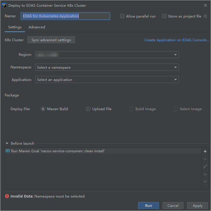 Settings tab of the Deploy to EDAS Container Service K8s Cluster dialog box