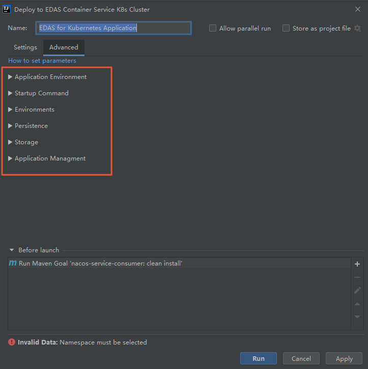 Advanced tab of the Deploy to EDAS Container Service K8s Cluster dialog box
