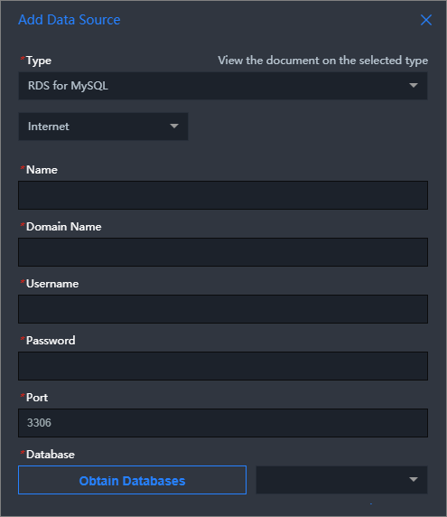 Add an ApsaraDB RDS for MySQL data source (Internet)