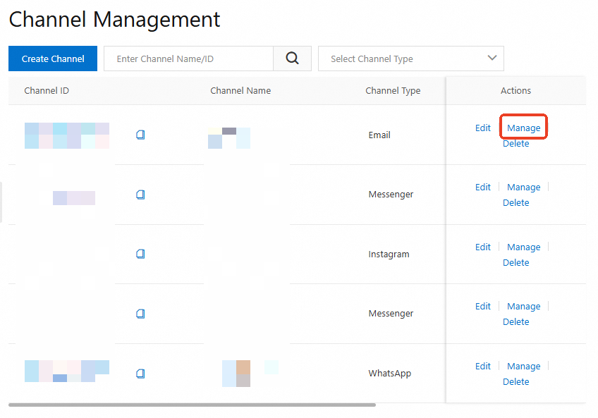 Channel Management page with Manage button highlighted