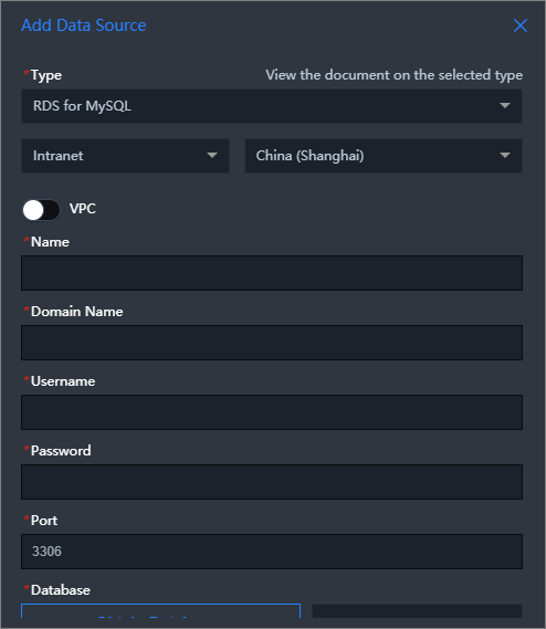 Add an ApsaraDB RDS for MySQL data source over a classic network (internal network)