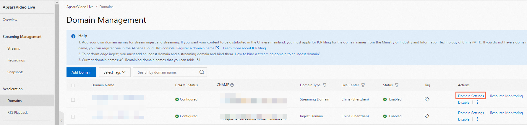 Domain Settings