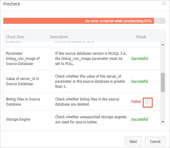 Binlog Files in Source Database check failure