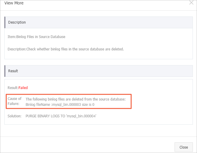Solution to the Binlog Files in Source Database check failure