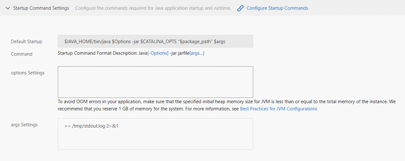 Specify a startup command for log collection