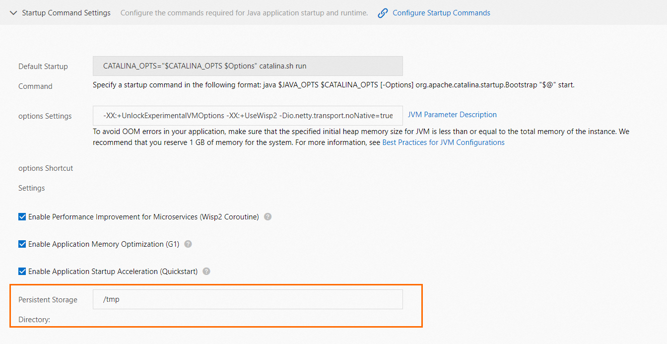 Application acceleration in startup command settings