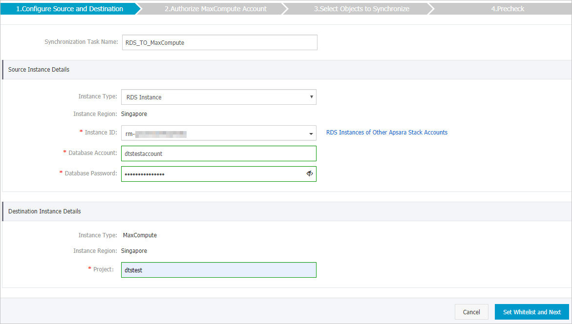 Configure the source and destination instances