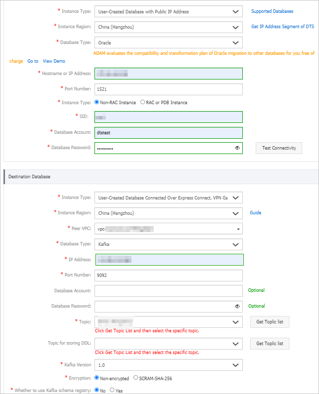 Configure the source and destination databases