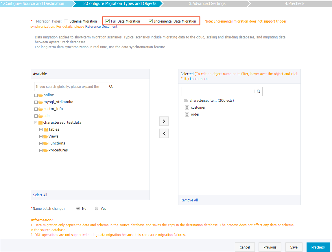 Select the migration types and the objects to be migrated