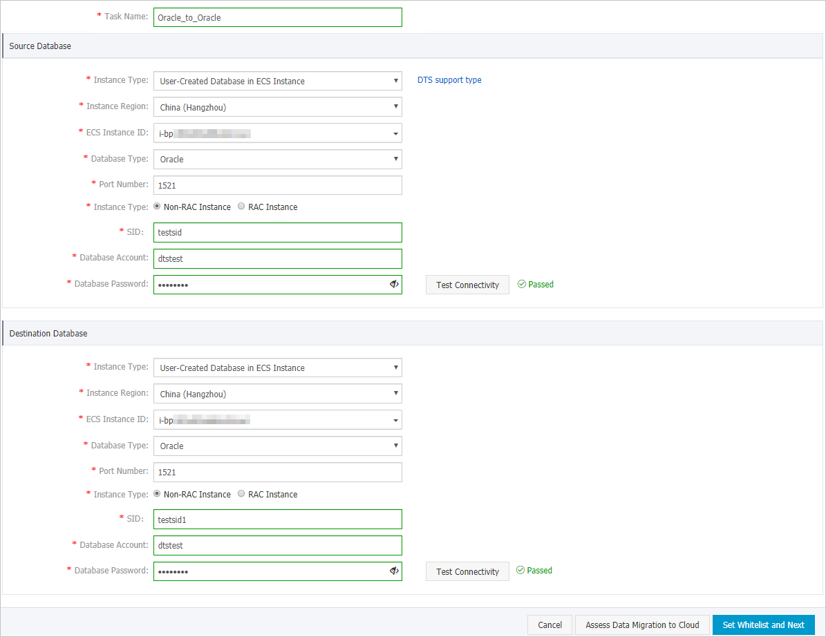 Configure the source and destination databases