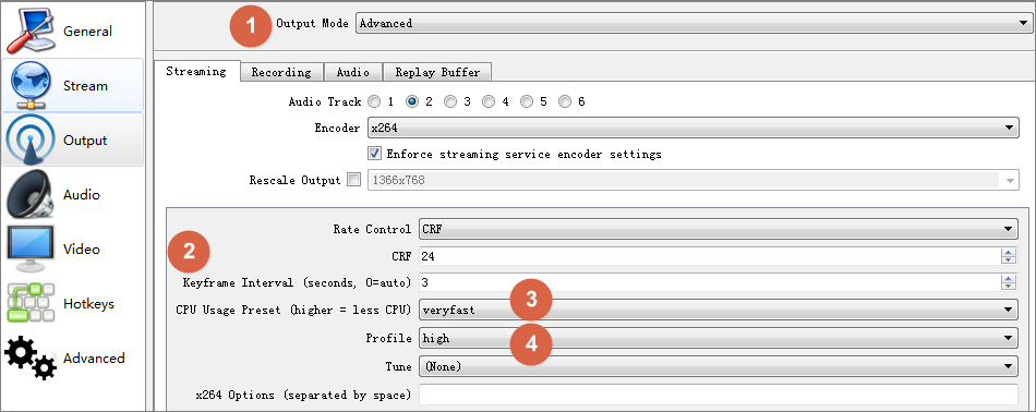 Advanced output settings on OBS