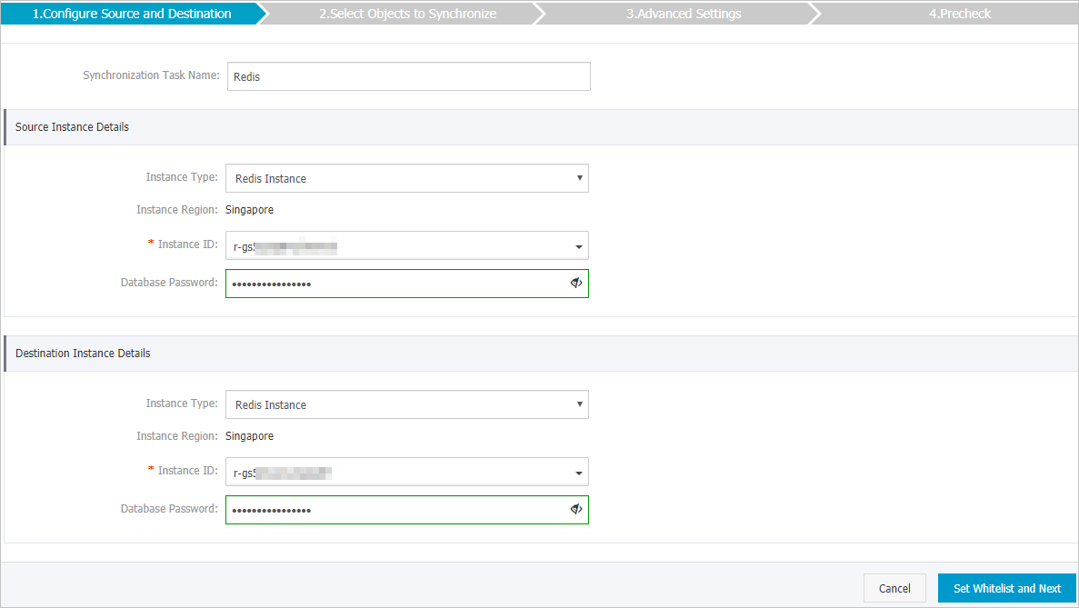 Configure the source and destination instances