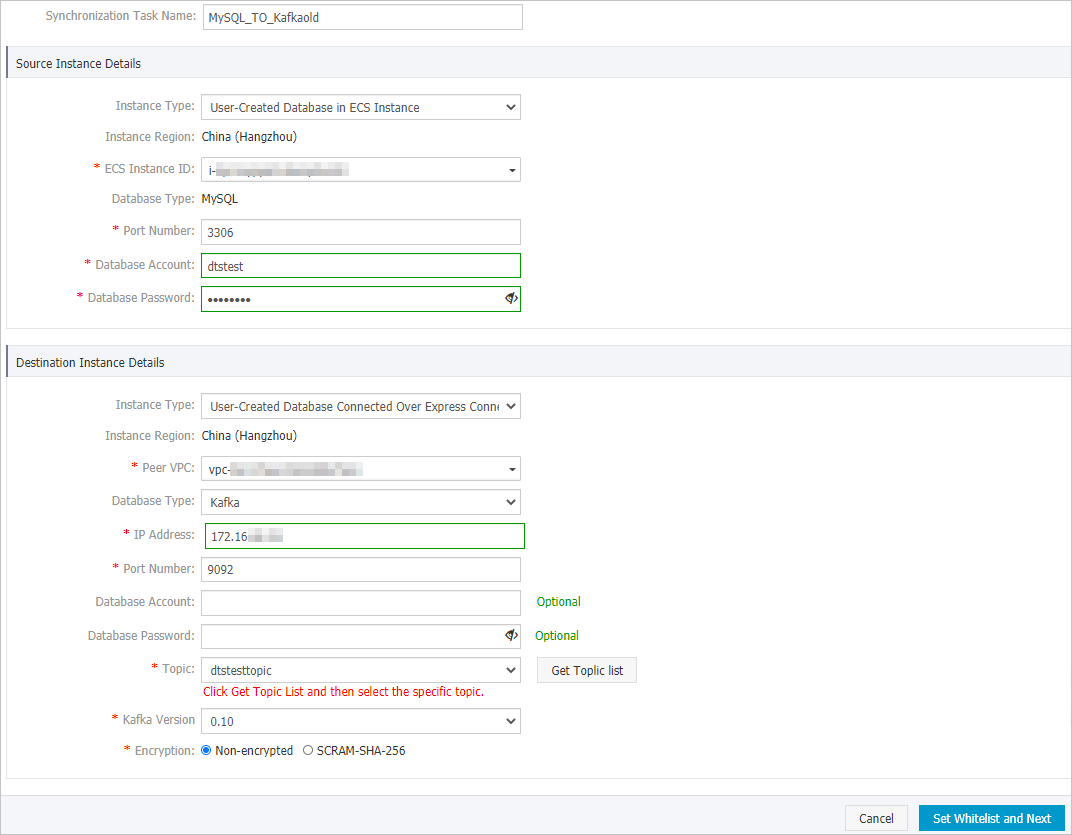 Configure the source and destination instances