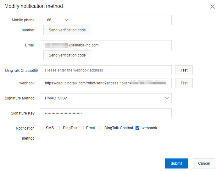 Modify notification method dialog box