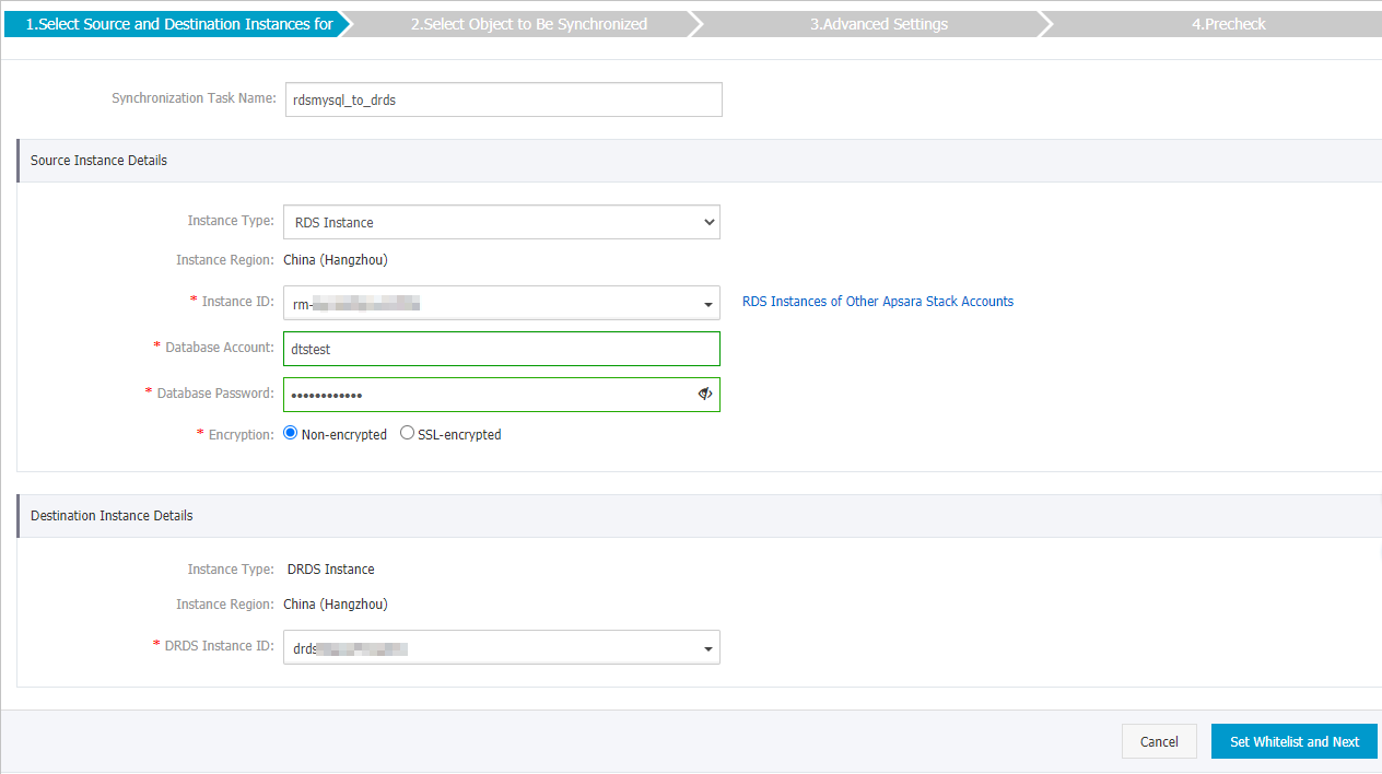 Configure the source and destination databases