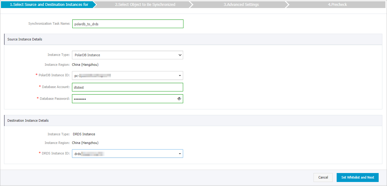 Configure the source and destination instances