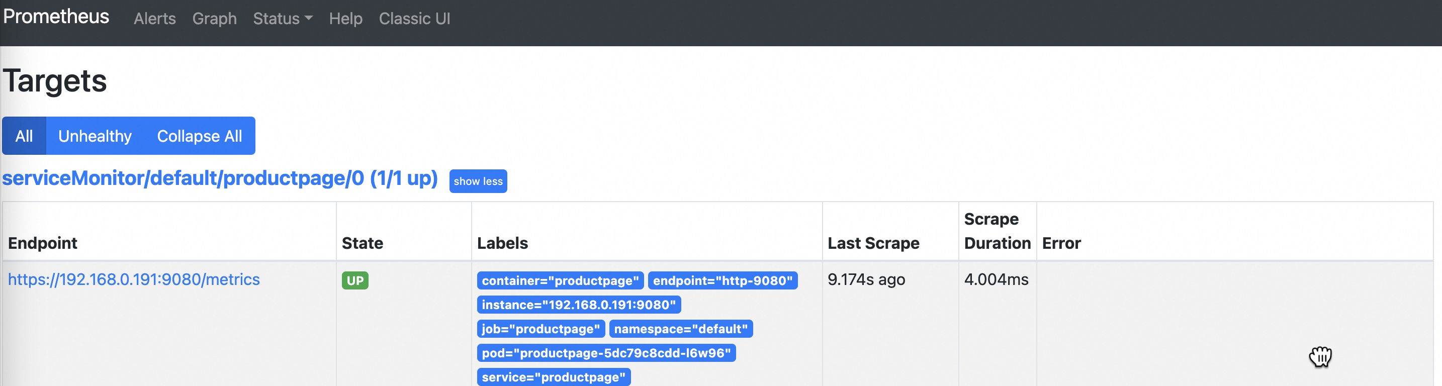 Target status showing Up