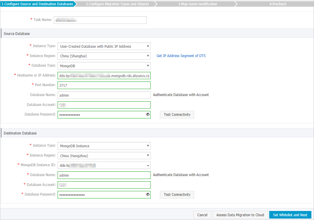 Configure the source and destination databases