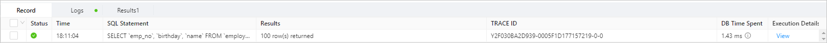 User Guide  / / /> SQL window > Execution Record tab