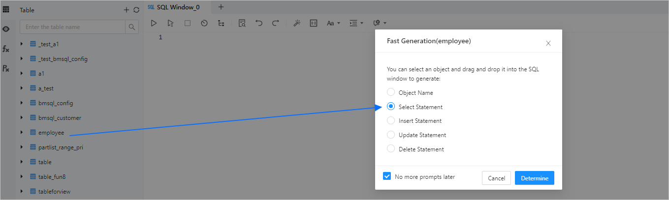 SQL window - Drag and drop table objects to quickly generate different types