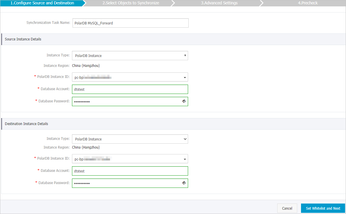 Configure the source and destination instances