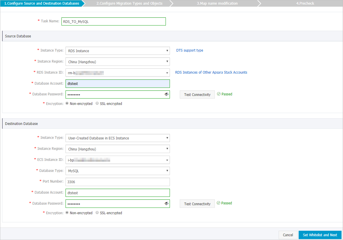 Configure the source and destination databases